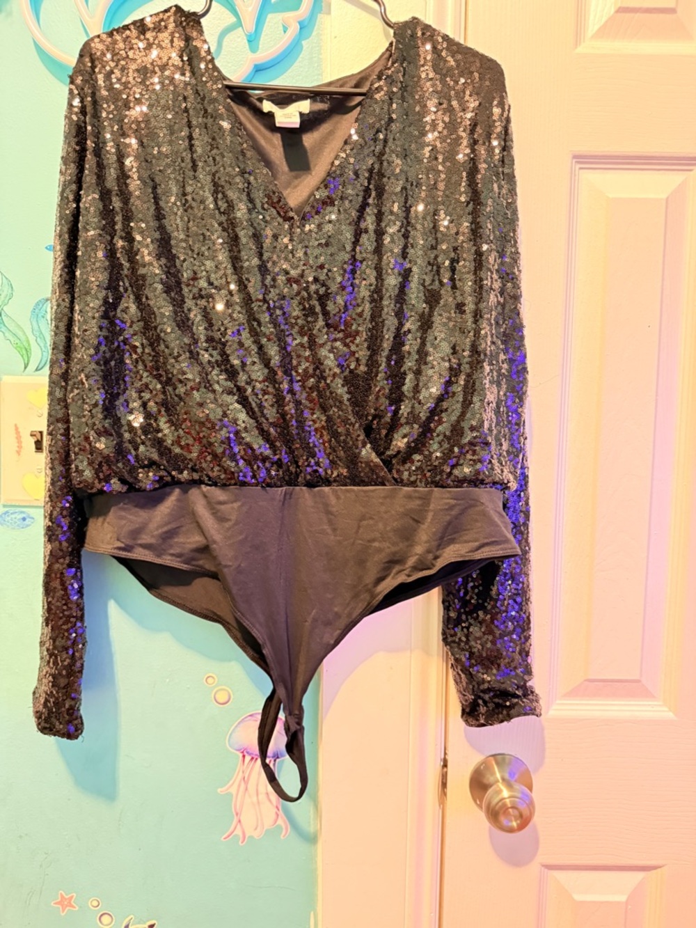 H&M Black Sequin Long-Sleeve V-Neck Bodysuit